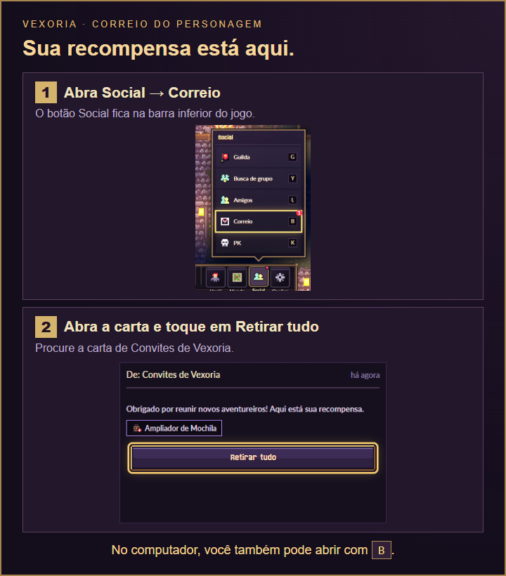 Tutorial do correio: na barra inferior do jogo, abra Social, toque no envelope Correio e, na carta de Convites de Vexoria, toque em Retirar tudo.